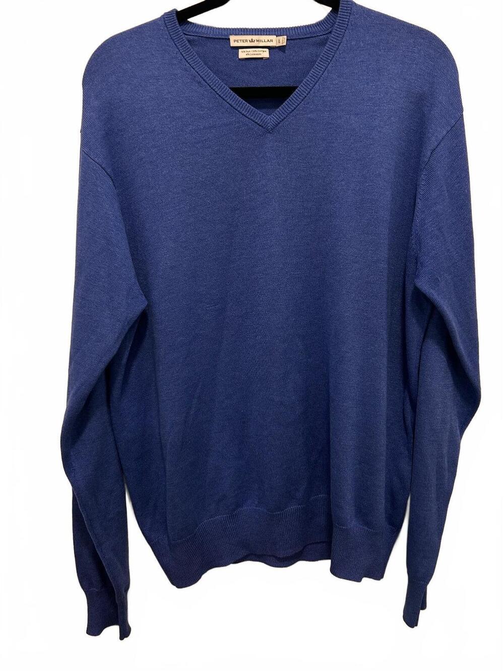 Peter Millar Men's V-Neck Sweater Silk Cotton Cashmere Blend Large Blue